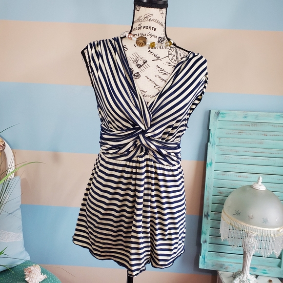 Max Studio Tops - Max Studio Navy and White Striped Twist Tank